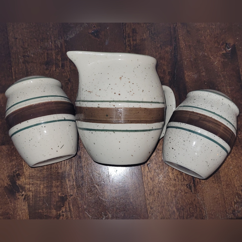 Cabela's folk craft stoneware Speckled Salt & Pepper Set and Pitcher.